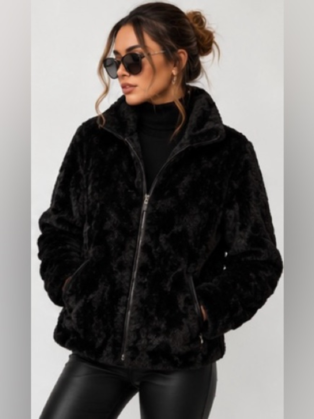 ESPRIT Black Faux Fur Fleece Jacket Full Zip High Neck Y2K